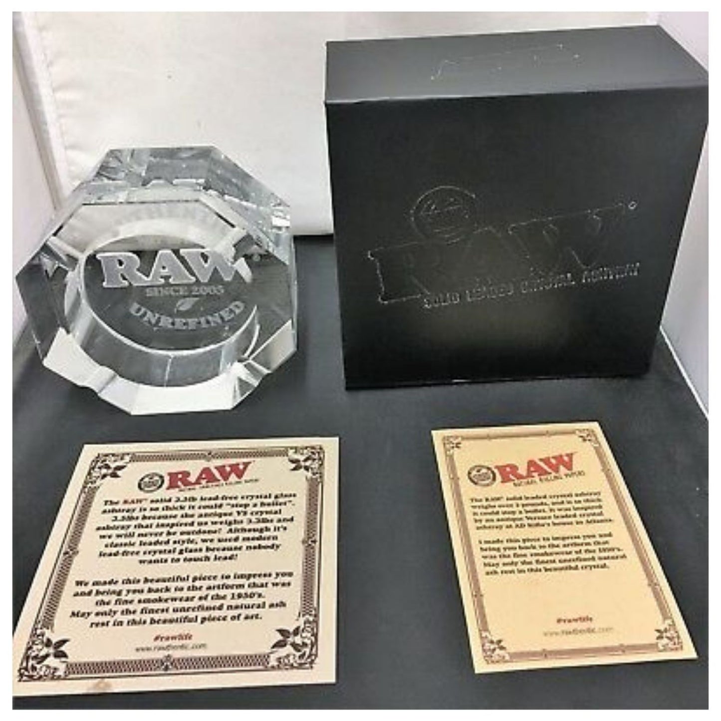RAW Crystal Ashtray Box & Tag on table