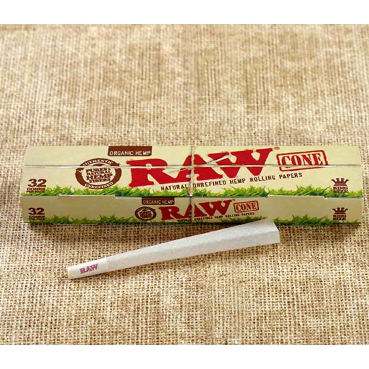 RAW Organic Prerolled Cones King Size - 32 Cones on table