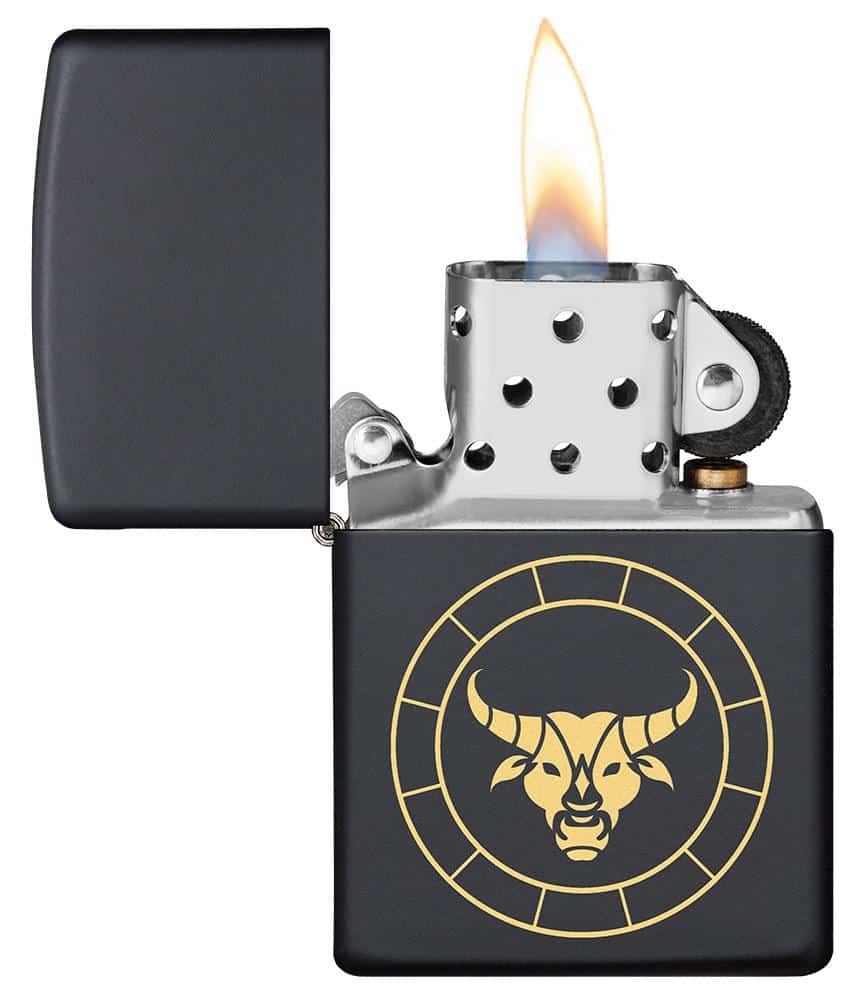 Zippo Lighter - Taurus Zodiac Sign Design Lid Open and Lit