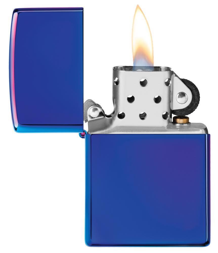 Zippo Classic High Polish Indigo Lighter Lid open and lit