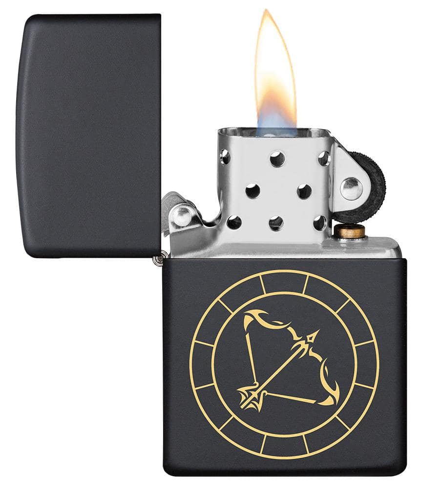 Zippo Lighter - Sagittarius Zodiac Sign Design lid open and lit