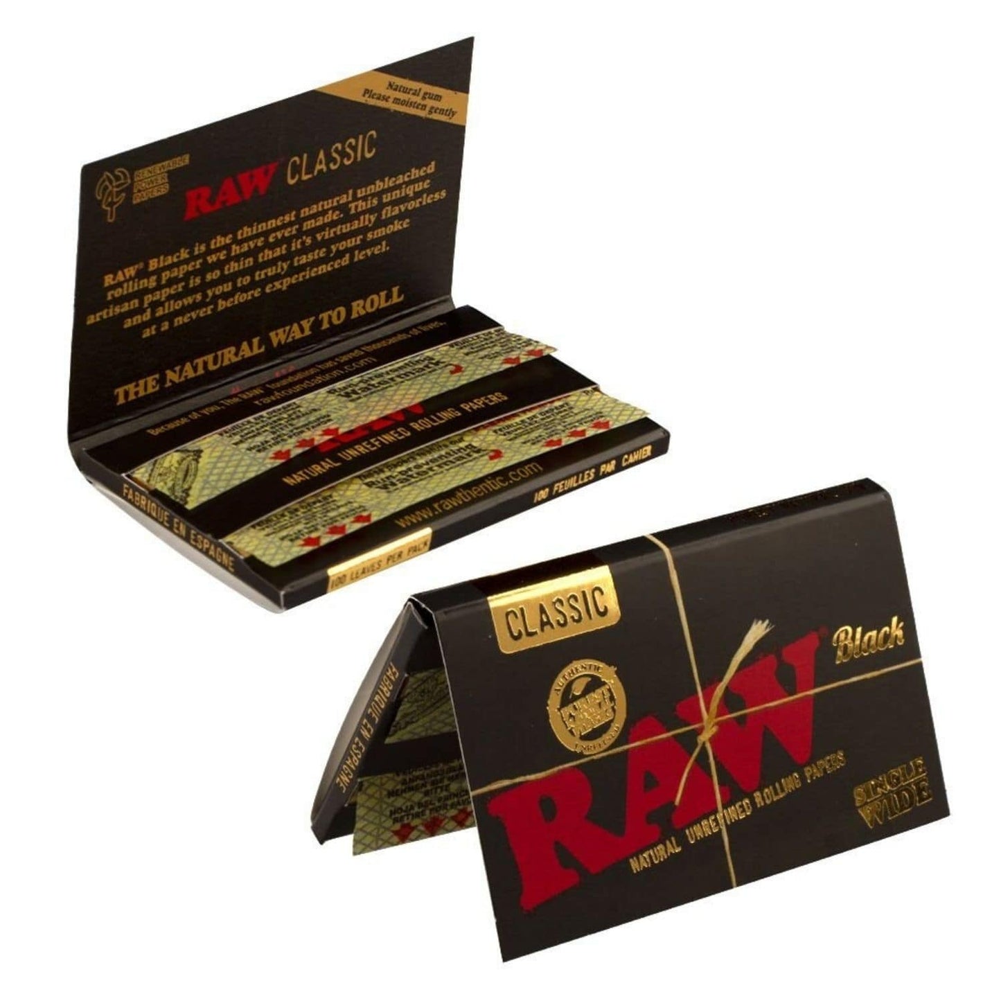 RAW Black Single Wide Rolling Paper - 100 Leaves Open Pack