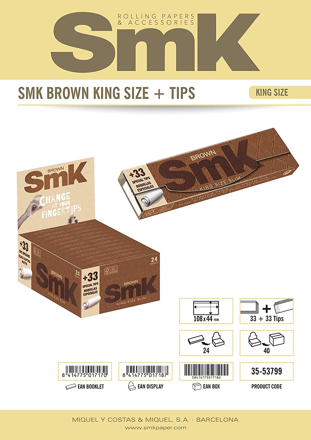 smk brown king size with filter tips dimensions
