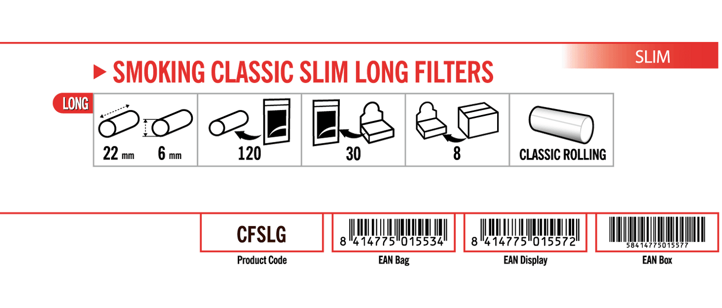smoking classic slim long filters dimensions