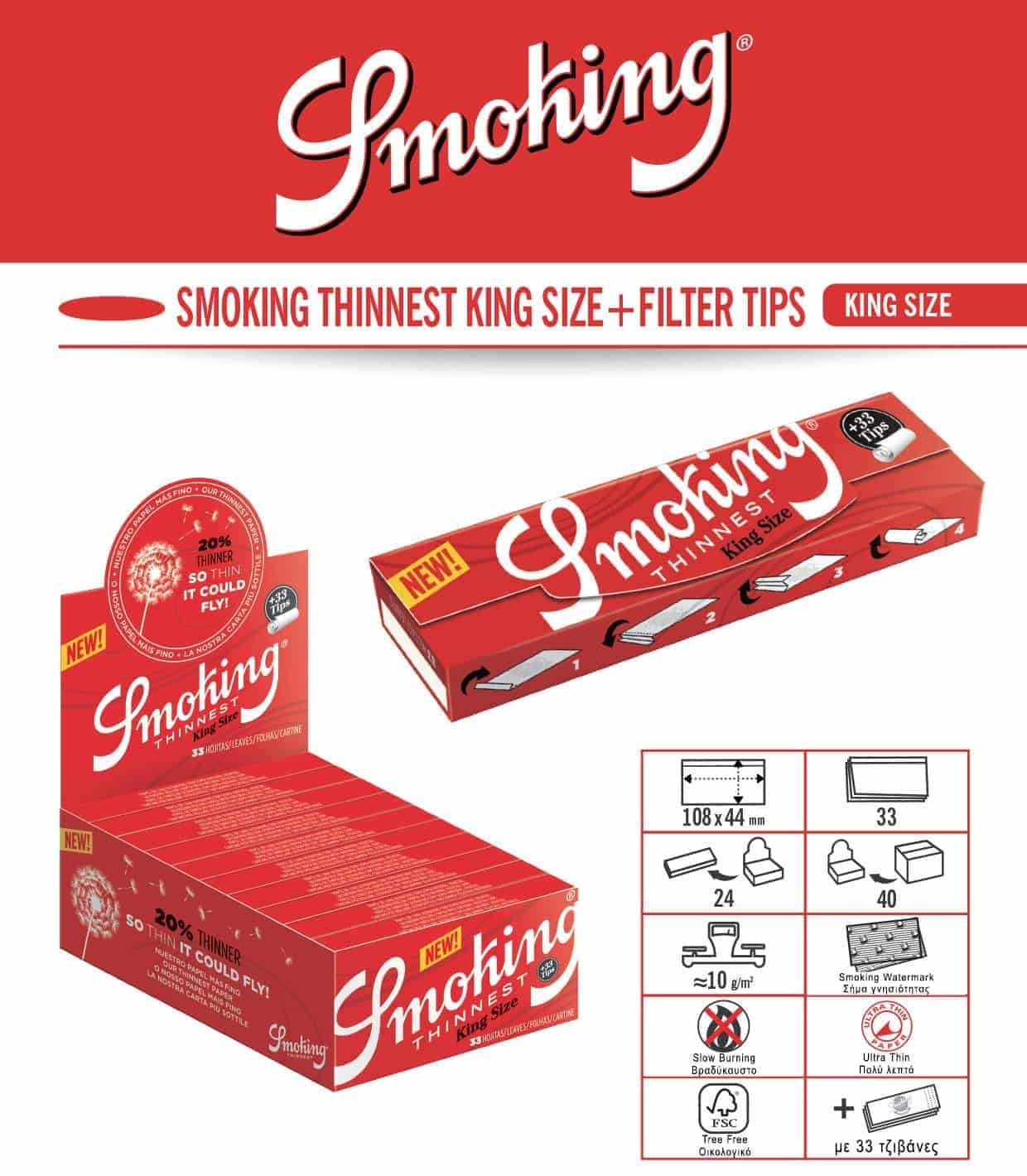 Smoking thinnest king size + tips dimensions and box