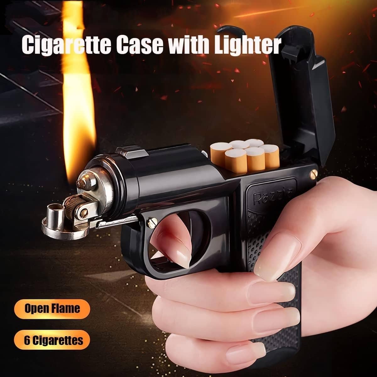 Retro Gun Lighter lit in hand