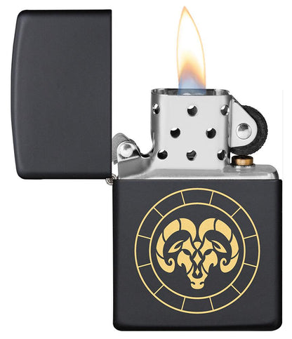 Zippo Lighter - Aries Zodiac Sign Design Lid Open and Lit