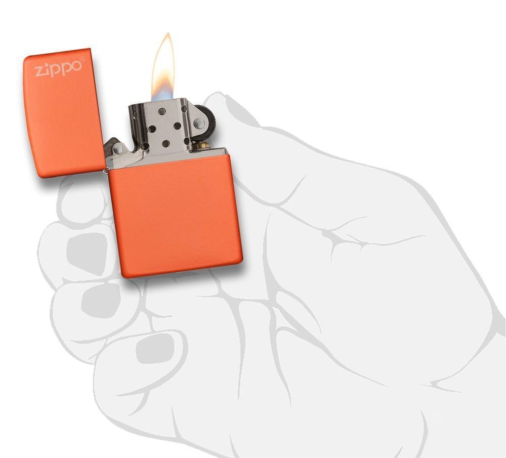 Zippo Classic Orange Matte Lighter with Logo in hand