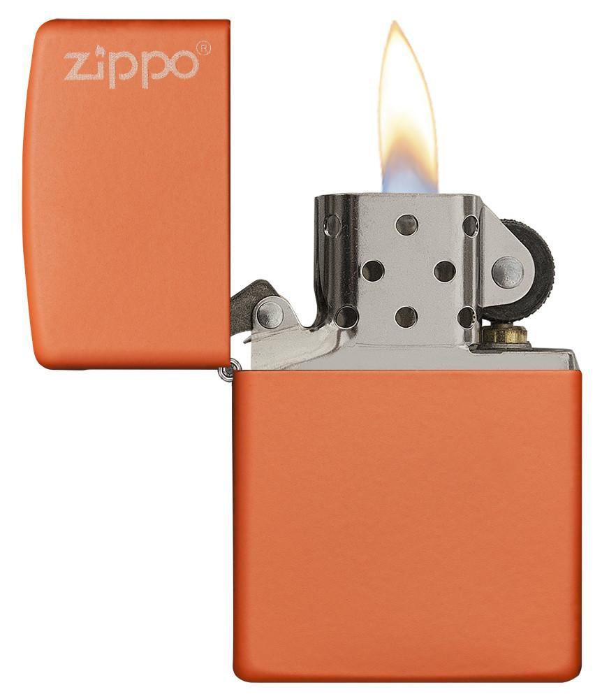 Zippo Classic Orange Matte Lighter with Logo with flame