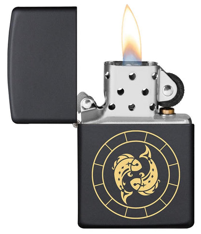 Zippo Lighter - Pisces Zodiac Sign Design Lid Open and Lit