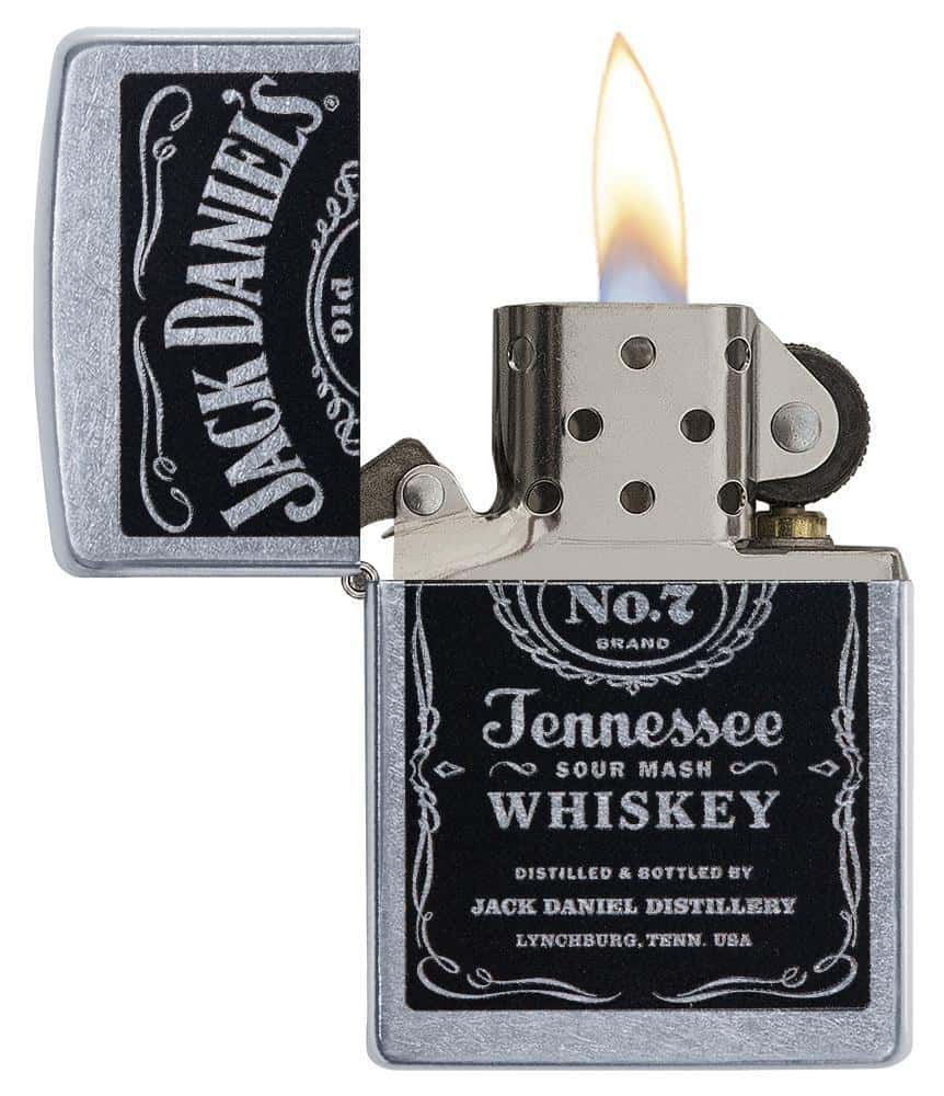 Zippo Jack Daniel's Whiskey Label Lighter Lid open and lit