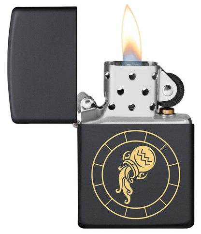 Zippo Lighter - Aquarius Zodiac Sign Design lid open and lighten