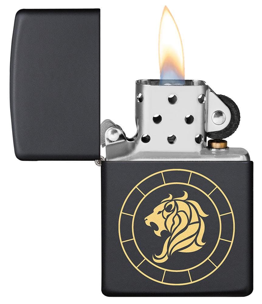 Zippo Lighter - Leo Zodiac Sign Design Lit and Open