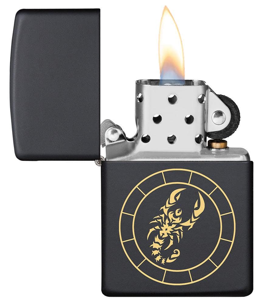Zippo Lighter - Scorpio Zodiac Sign Design Lid open and lit