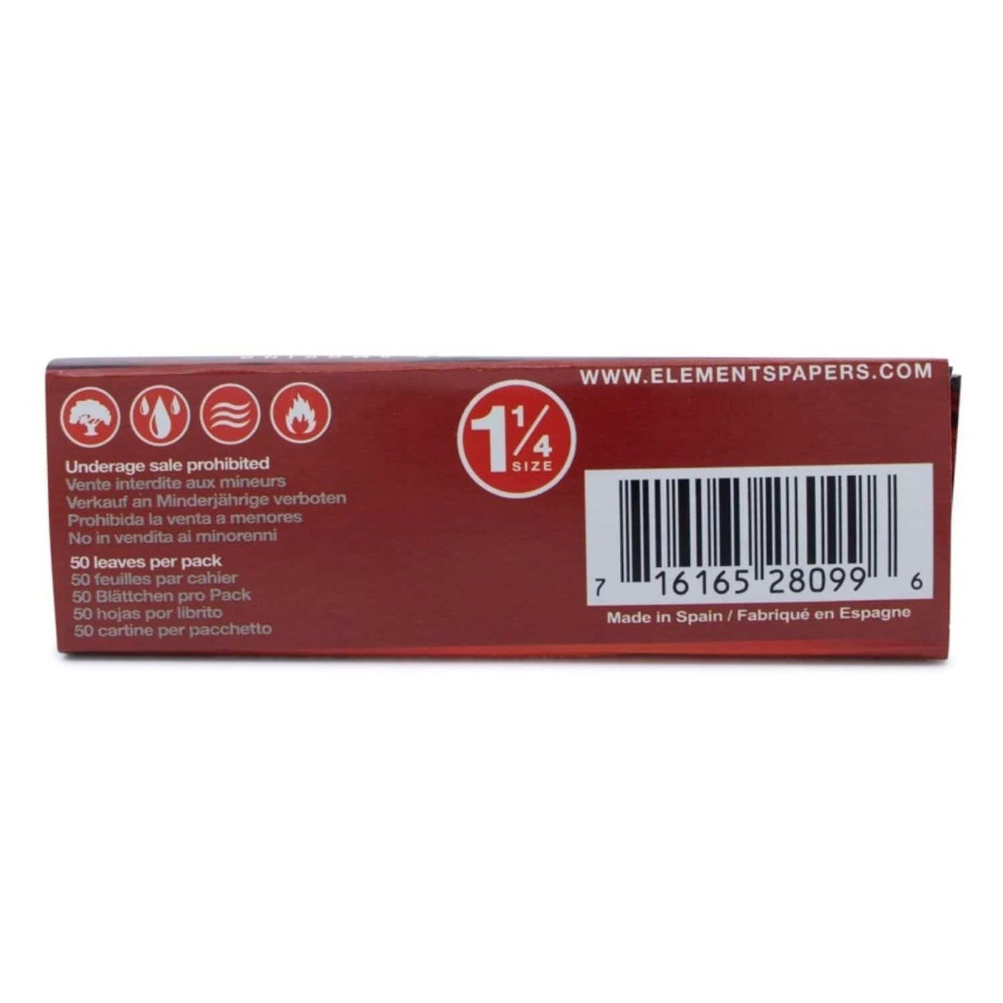 ELEMENTS Red Rolling Paper 1 ¼ Size - 50 Leaves Backside