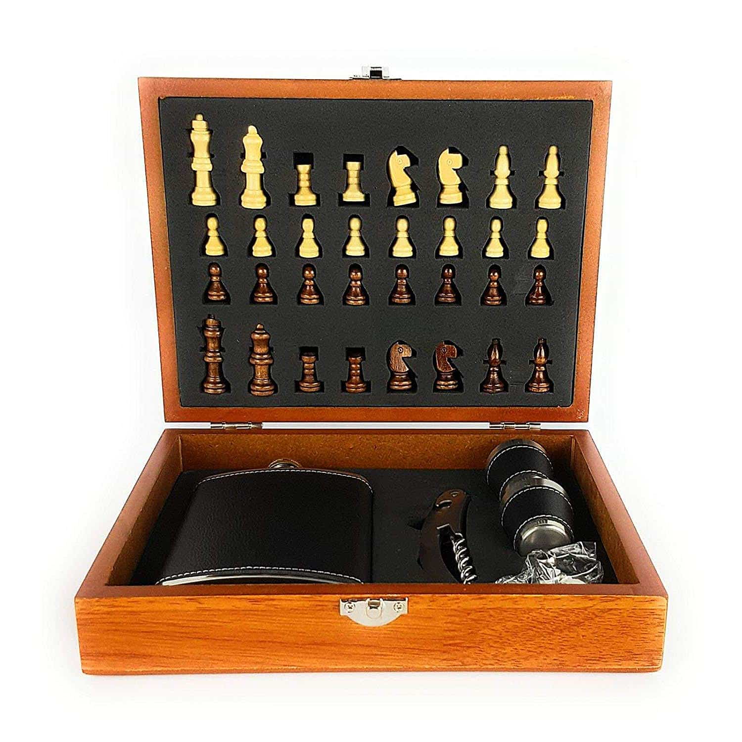 chess game set with hip flask, shot glass and opener opened box