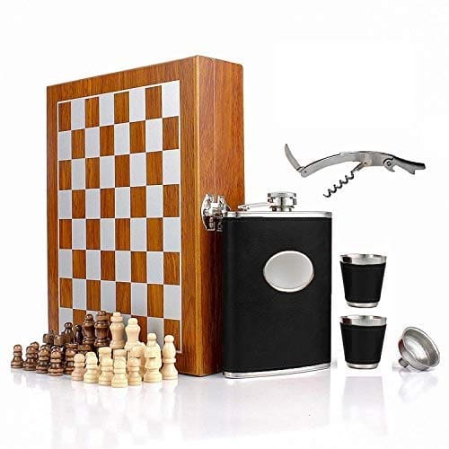 chess game set with hip flask, shot glass and opener