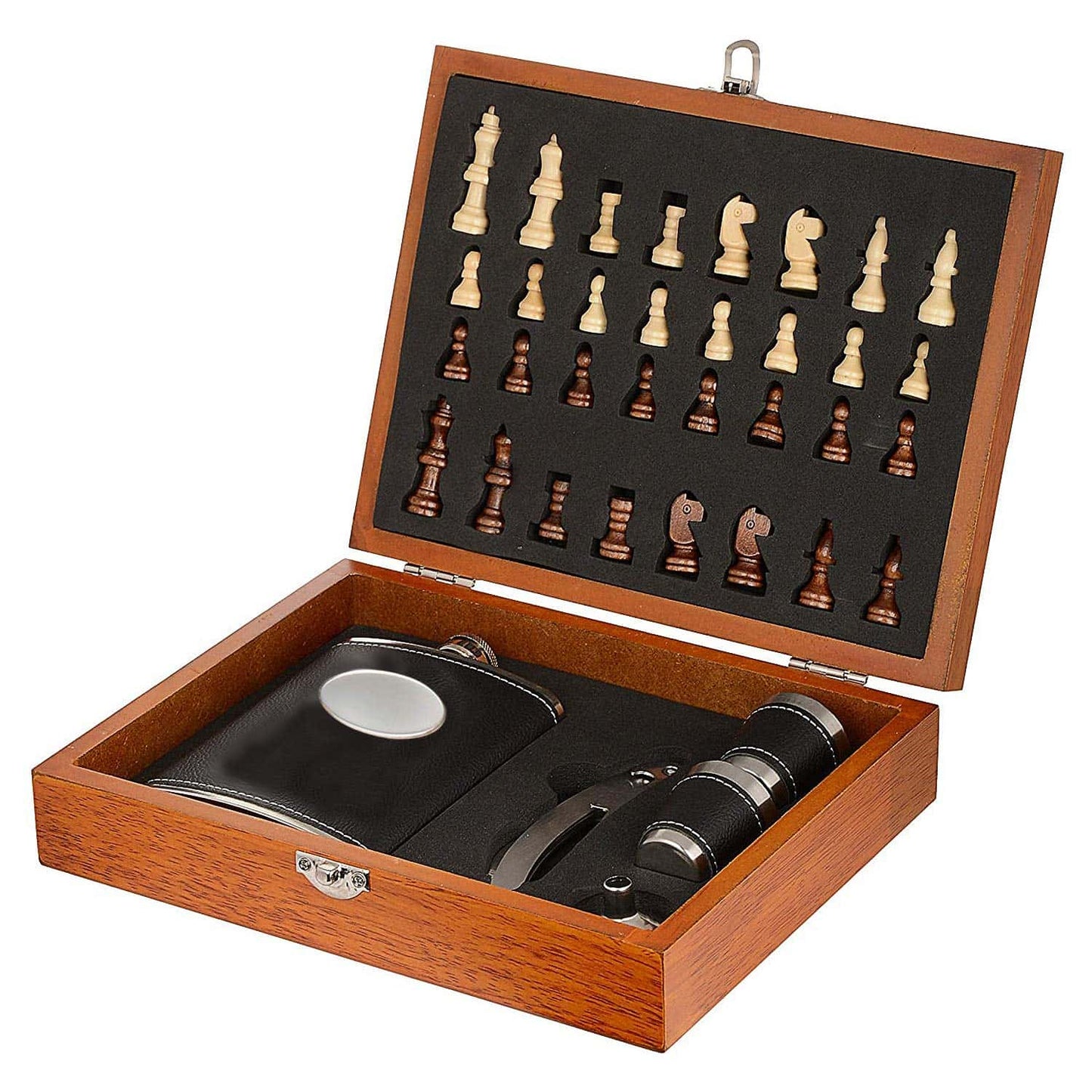 chess game set with hip flask, shot glass and opener opened box