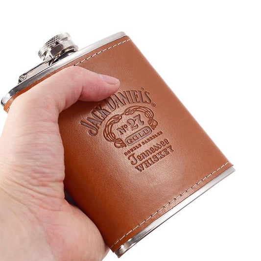 Jack Daniel's Brown Leather Hip Flask in Hand