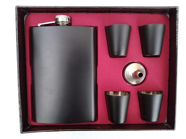 Matte Black Hip Flask & Shot Glasses in box