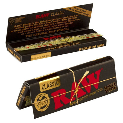 RAW Black Rolling Paper Single Wide - 50 Leaves Open pack