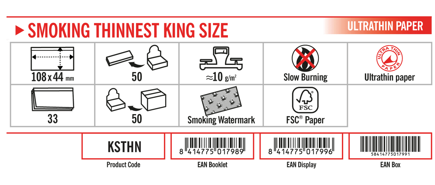 Smoking Thinnest King Size Rolling Paper Dimensions