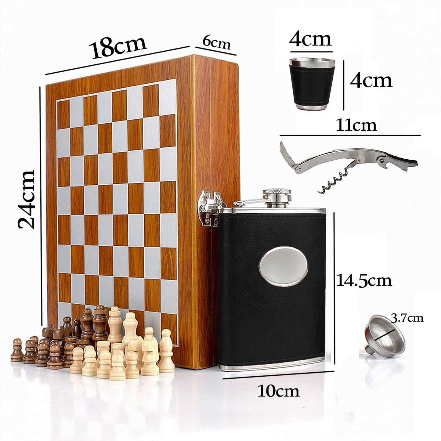 chess game set with hip flask, shot glass and opener dimensions