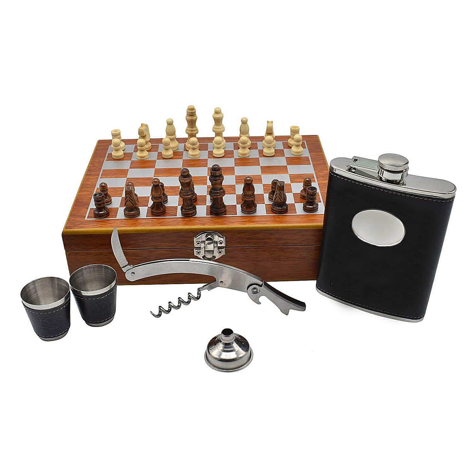 whisky chess box set with hip flask